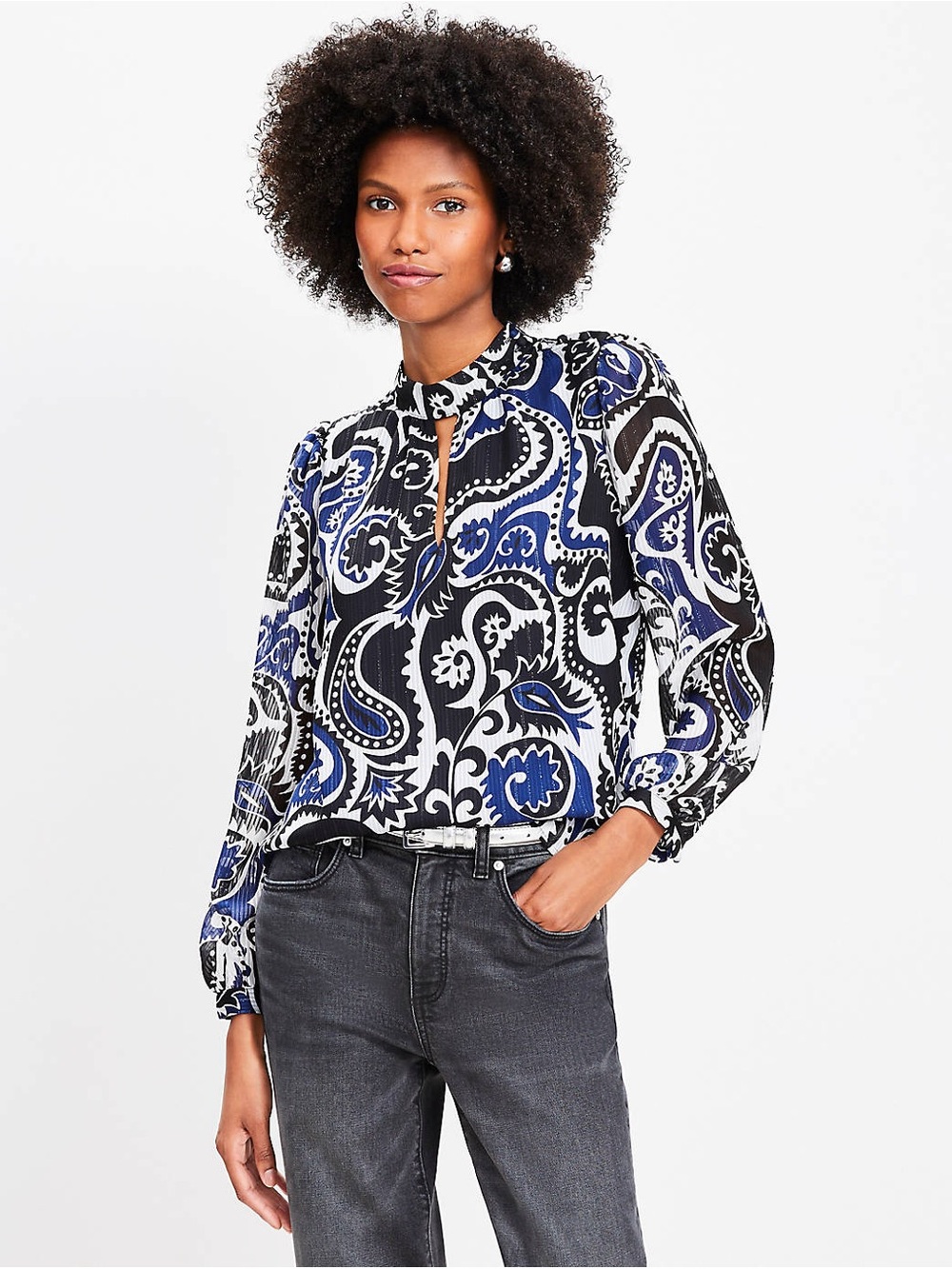 Loft | Shimmer Stripe Paisley Mock Neck Black Blouse